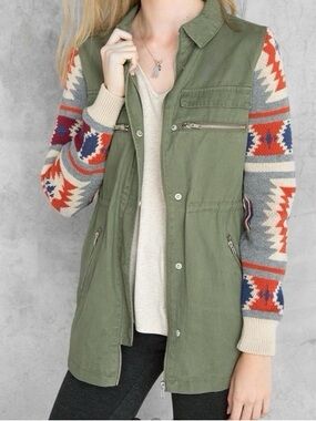 Thread & Supply Olive Green Hooded Jacket with Patterned Knit Sleeves - Size M